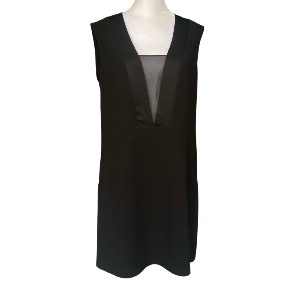 BCBG MaxAzria, Minimalist, Deep V-Neck, Sheer Inset Shift Mini Dress Black Sz SM